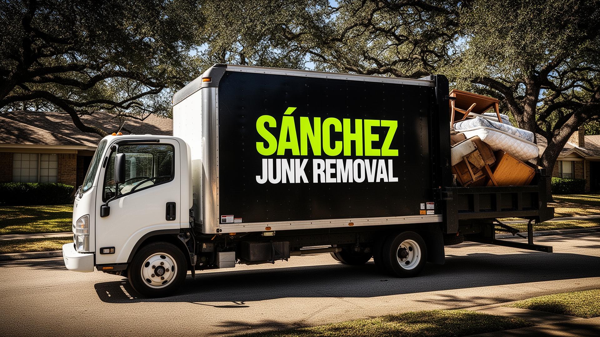 Sánchez Junk Removal branded box truck loaded with furniture in a Dallas neighborhood